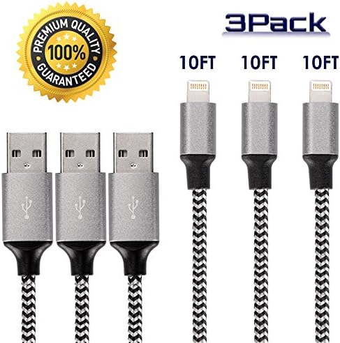 iPhone Charger 10ft, Rightwell Lightning Cable 3Pack 10FT Extra Long Nylon Braided Charging Cord for iPhone X,8,8 Plus,7,7 Plus,6s,6s Plus,6,6 Plus,SE,5s,5c,5,iPad mini,iPad Air,iPad Pro,iPod