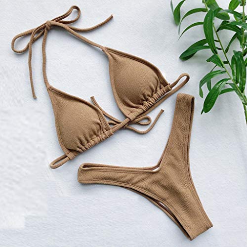 iYBUIA Women's Sequin Bikini Set Solid Two Piece Swimsuit TFilled Bra Beachwear Khaki