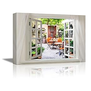 Glimpse into Coffee Shop with Wood Tables and Chairs Out of Open Window - Canvas Art Wall Art - 24" x 36"