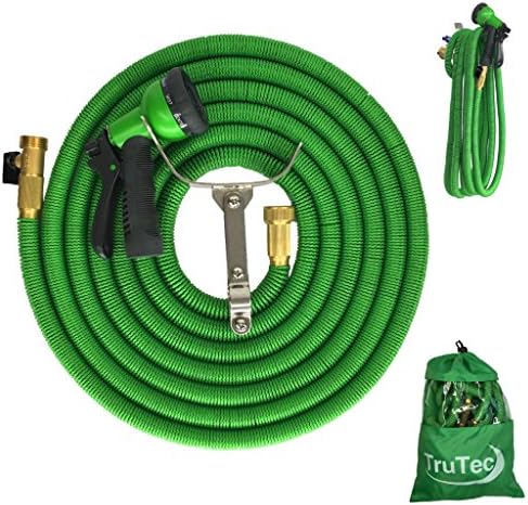 50 FOOT Green Expandable Garden Hose, NEW 2017 Design - Strongest Expanding Hose, DOUBLE LAYER Latex Core, SOLID BRASS Fitting, TOUGH Nylon Fabric, Spray Nozzle, STAINLESS STEEL Holder
