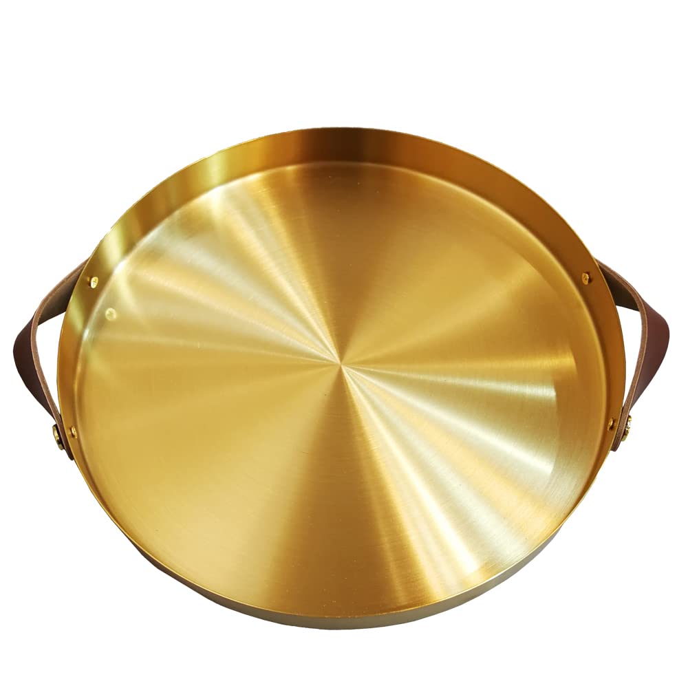 Photo 1 of 12 Inch Round Golden Tray with Brown Handle, Metal Vanity Tray with Mirror Finish, 1”Deep Decorative Brass Tray Serving Platter for Dessert Table, Jewelry, Exxacttorch