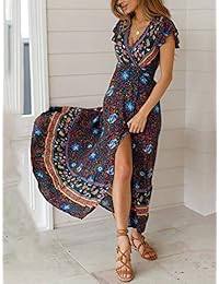 TEMOFON Vestido de dama Bohemio Floral Impreso Verano Casual Manga Corta V-Cuello Alto Split Étnico Maxi Vestido