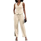Women's 2 Piece Outfits Elegant Blazer Vest Pockets Wide Leg Pant Suit Casual Matching Set