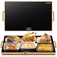 Electric Warming Tray (XXL 32”x18”)，Food Warmers for Parties Buffet with Thermostat & Full Surface Heating, Tempered Glass Warming Mat for Food, Temperature Adjustable Gold Handles Food Warming Mat