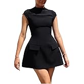 Women's Elegant Pockets Mini Dress Cap Sleeve Mock Neck Tank Short Dress Bodycon Casual Work Office A Line Dresses