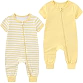 BABYSOLIS 2 Pack Unisex Baby Short Sleeve Rompers 2 Way Zipper New Born One-Piece Jumpsuits 0-24Months Infant Outfits