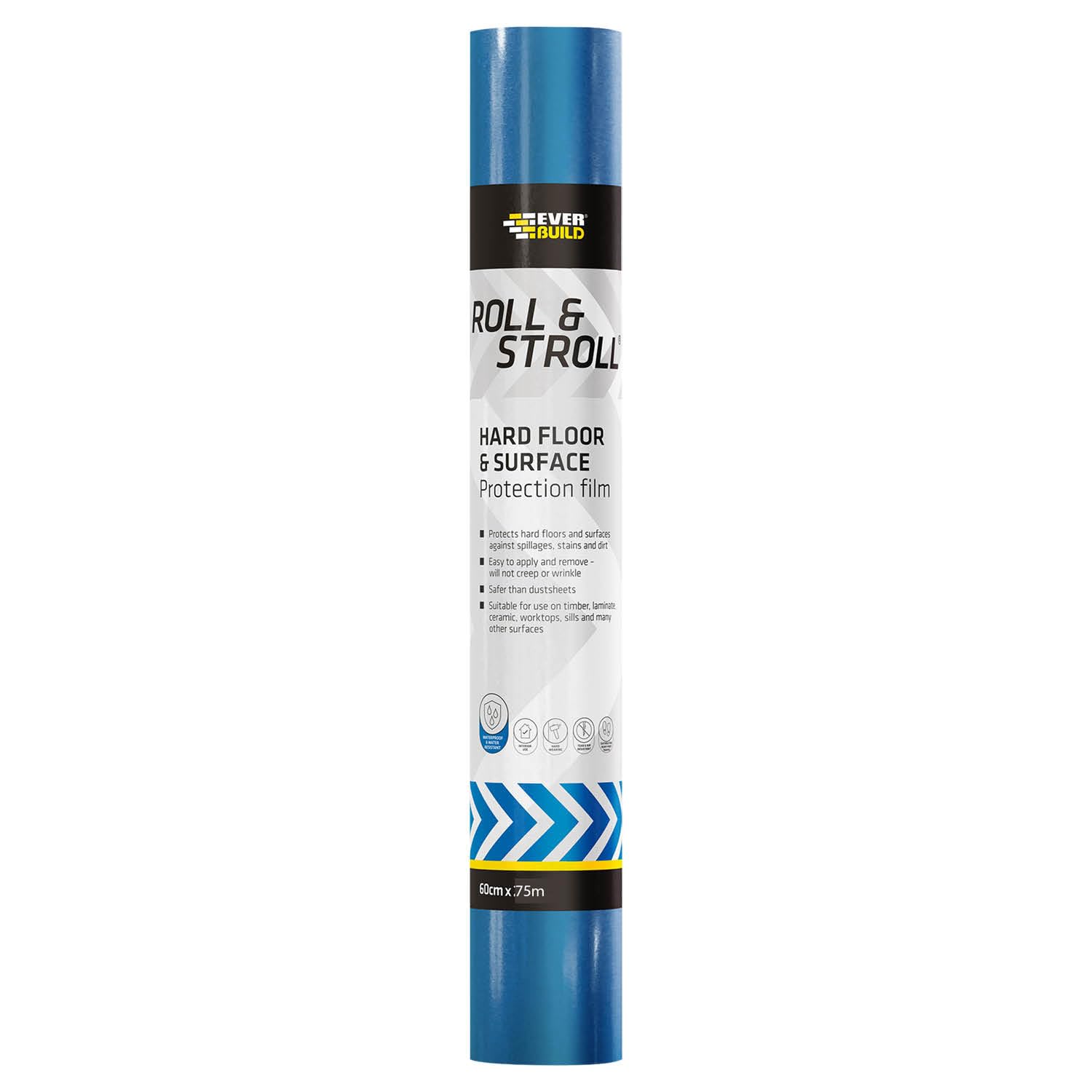 Everbuild Roll & Stroll Hard Surface Protector โ Self-Adhesive โ Totally Waterproof โ Transparent Blue โ 600mm x 75m Roll