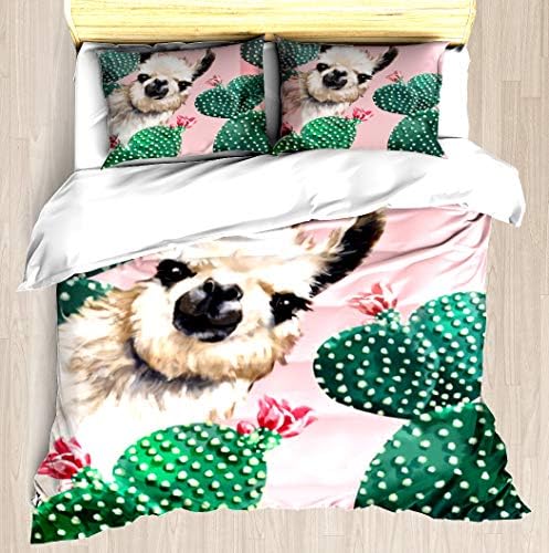 KANGSEA Llama and Cactus Pink Duvet Cover Set Unique Printed Exclusive Designed Pattern Comforter Bedding Cover Pillow Shams 3 Piece Bed Duvet Cover Queen/Full