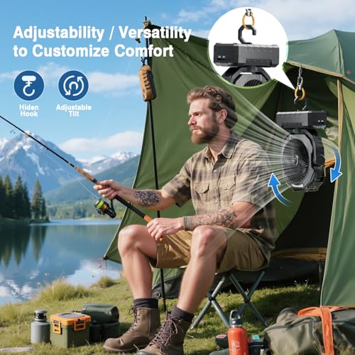 AVAVO Portable Misting Fan, 36000mAh Rechargeable Battery Powered Camping Fan with 460ml Tank & 6.6ft Mist, 4 Speeds 2 Light Modes for Outdoor Patios Travel Jobsite Beach Summer Essentials - Black