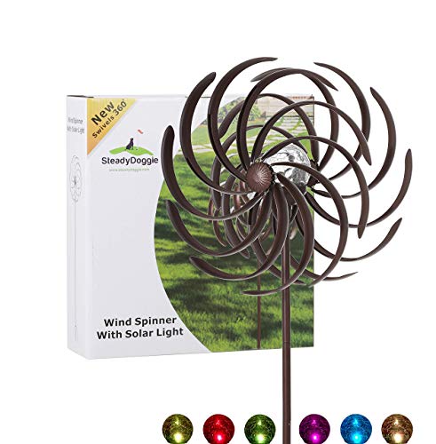 Solar Wind Spinner Multi-Color Seasonal LED Lighting Solar Powered Glass Ball with Kinetic Wind Spinner for Outside - Vertical Metal Sculpture Stake Construction for Outdoor Yard Lawn & Garden