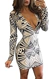 Pretid Women Sexy Cotton Deep V Bandage Printing Stretch Bodycon Party Dresses