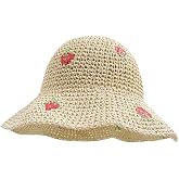 Women Wide Brim Sun Hat Summer Foldable Straw Beach Hat Outdoor Floppy Bucket Hat Fishing Hat with Strawberry Pattern