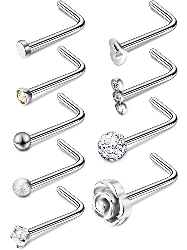 Hestya 20G 9 Styles Stainless Steel Nose Stud Nose Rings Curved Nose Stud L Shaped Piercing Jewelry for Women and Girl (Steel Color)