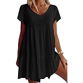Fangetey Women's V-Neck Tunic Dresses Short Sleeve Button Down Loose Casual Summer Short Flowy Swing Dress