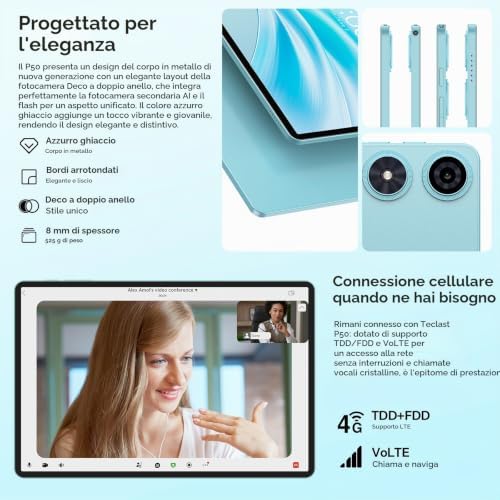 P50 Tablet 11 Pollici 90Hz Tablets Android 16, T7250 2GHz Octa-Core, 32GB RAM+128GB ROM(TF 6TB), 8000mAh, Dual SIM 4G LTE+5G WiFi, Widevine L1/13MP/GPS/OTG, Gemini AI Tablet con Penna+Custodia