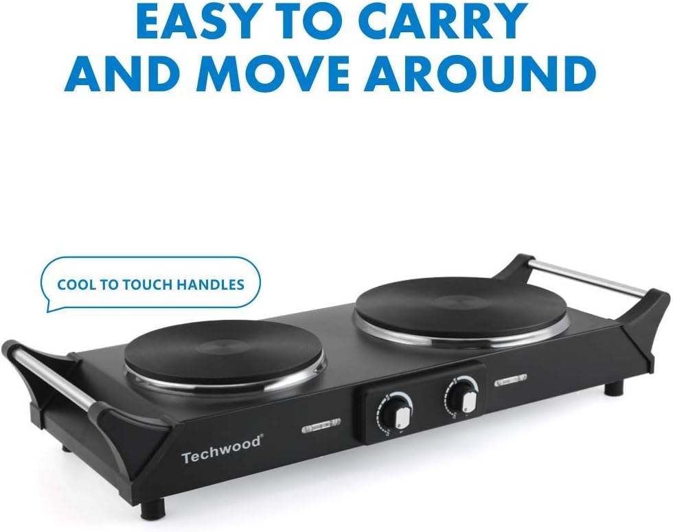 Techwood 1800W Hot Plate Portable Electric Stove Countertop Double Burner with Adjustable Temperature & Stay Cool Handles, 7.5” Cooktop for RV/Home/Camp, Compatible for All Cookwares: Kitchen & Dining