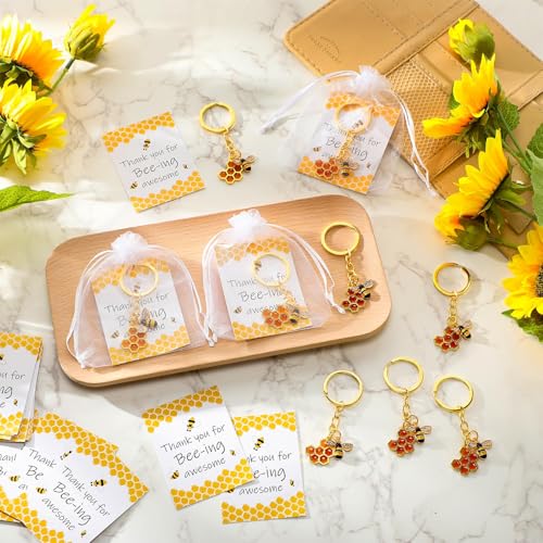 25 Sets Bee Employee Appreciation Gift Inspirational Bee Keychains Thank You Cards Organza Bag Cute Gifts for Coworker