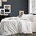 NTBAY Linen 3 Pieces Duvet Cover Set Solid Color with Exquisite Ruffles Design, Breathable, Queen Size, Ivory