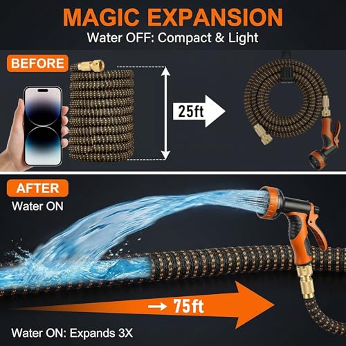 Expanding Garden Hose with 10-Pattern Spray Nozzle - 3-Fold Retractable Water Hose, Lightweight, Leak-Proof, Durable Triple-Layer Latex Core - Ideal for Watering, Car Washing & Pet Bathing (75FT)