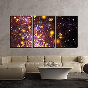 3 Piece Canvas Wall Art - Abstract Blue and Golden Drops on Black Background. Fantasy Fractal Design - Modern Home Art Stretched and Framed Ready to Hang - 16"x24"x3 Panels