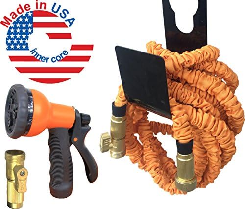 NEW Made in USA inner core Expandable Water Hose with Brass Connectors Free 8-way Spray Nozzle Shutoff Valve and Steel Hanger, Durable TPS inner tube Watering Hose Heavy Duty Expanding Collapsible