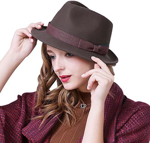 Janetshats Fedora Wool Felt Hat Stain-Resistant Crushable Trilby All by Handmade With Stitching Bowknot Feather Trim of Winter Hat Unisex Style Trilby For Christmas Gift (M7 1/857CM/22.44", Khaki)