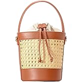 Rattan Bucket Bag for Women Straw Beach Bag Drawstring Crossbody Purse PU Leather Summer Shoulder Tote Bag Cute Hobo Bags