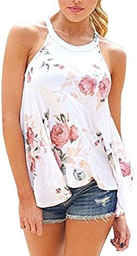 VYNCS Women Casual Floral Print Tank Tops Sleeveless High Neck T Shirt Blouse Tops with Irregular Hem