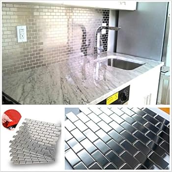 HomeyMosaic Subway Stainless Steel Surface Peel and Stick Tile Backsplash for Kitchen Bathroom Stove Wall Decor Metal Smart Tiles(12