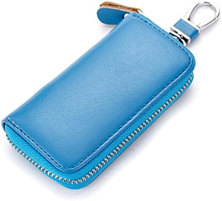 Daixers Leather Zip Pocket Key Organizer Case Car Key Holder with 6 Hooks (Light Blue)