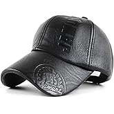Golirsteca Men's PU Leather Baseball Cap with Adjustable Buckle Plain Wide Brim Hat for Autumn Winter