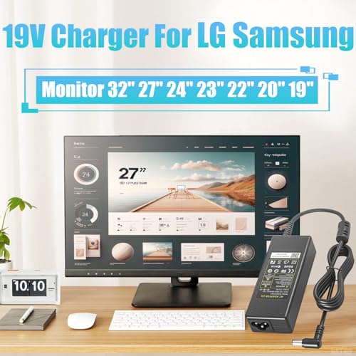 NATNO 80W 19V AC Adapter for LG Monitor Power Cord LG Electronics 32" 27" 24" 19" 20" 22" LCD LED HD TV 27GL83A-B 27MN60T-W 27ML600M, for Samsung TV Monitor 32" UN32J4000 UN32J4000AF UN32J5003 Charger
