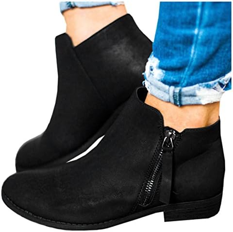 Boots for Women Ankle Booties Low Heel Western Side Zipper Pointed Toe Solid Color