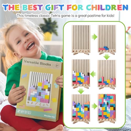 Wooden Puzzle Tetris Montessori Toy from 3 4 5 6 Years - Educational Toy to Promote Concentration & Motor Skills - 3D Logic Puzzle with Geometric Blocks - Gift Children
