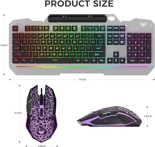 AULA Gaming Keyboard and Mouse, 104 Keys RGB Backlit Computer Keyboard with Numeric Keypad, All-Metal Panel Wired PC Keyboard for Laptop Win XP/7/8/10, T102