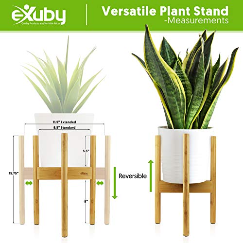 eXuby - 2-Pack Adjustable Wooden Plant Stands Indoor & Outdoor - Bamboo Construction in Mid-Century Design - Fits Pots 8.5" to 11.5" Wide - Adjustable Height - 4 Floor Protectors - Pot Not Included - Thumbnail 3