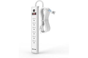 TiFFCOFiO Power Strip Surge Protector, 6 Outlets with 2 USB Ports, 20 Feet Extension Cord, 600 Joules, Wall Mountable for Hom