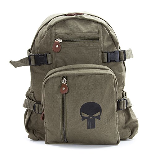 The Punisher Skull Backpack in Olive Canvas with Black Skull, Large