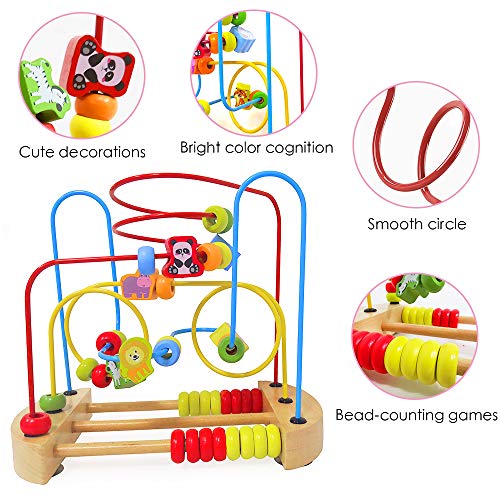 ToyerBee Bead Maze, Wooden Toys with Animals Graphics, Educational Abacus Beads Circle Toys, Colorful Roller Coaster Game, Gift for Children Toddlers Kids Boys Girls - Thumbnail 2