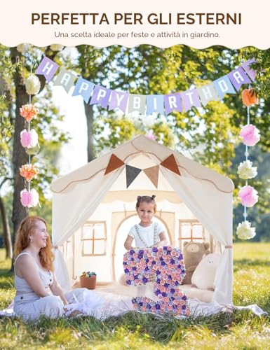 2 in 1 Besrey Kids Play House Tent with 2 Doors and 4 Windows, Play Tent for Children Indoor and Outdoor with Padded Mat, Fairy Lights and Bunting