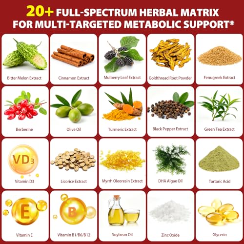 Blood Sugar Complex Supplement | 20+ Active Herbs-Berberine/Cinnamon/Bitter Melon/Mulberry Leaf/Fenugreek/Vitamins for Immune/Metabolism/Balance/Energy, Blood Sugar Level Support | 300 Softgels