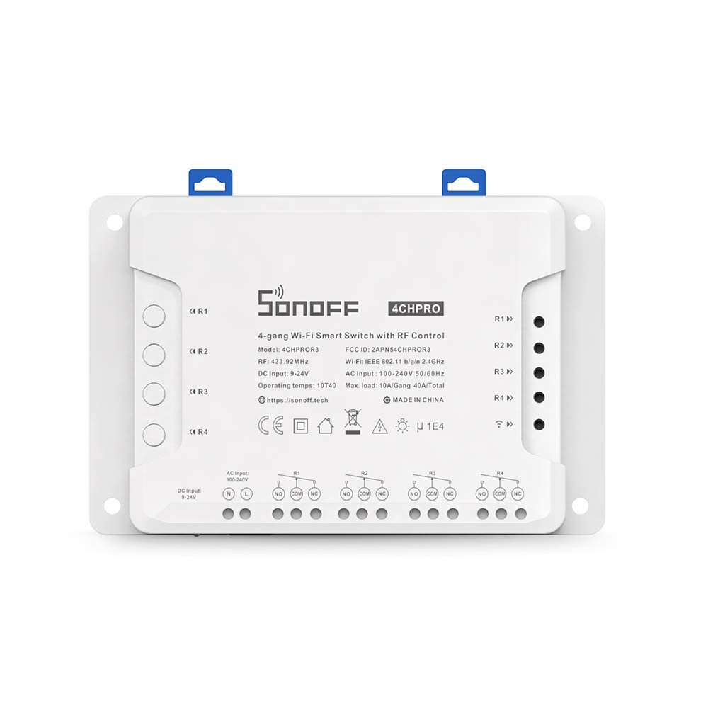 SONOFF 4-gang 2.4 GHZ WiFi Smart Switch with RF Control Remote Control Smart Time Function, Compatible with Alexa and Google Home, No Hub Required, 4CHPROR3