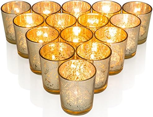 Premium Votive Candle Holders made of Mercury Glass with Speckled Gold - Adds warm elegant glow to every Home or Wedding Decor, Set of 15