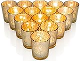 Premium Votive Candle Holders made of Mercury Glass with Speckled Gold - Adds warm elegant glow to every Home or Wedding Decor, Set of 15