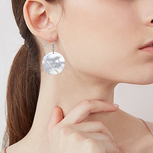 Large Round Dangle Earrings Sterling Silver Shell Drop Earrings , White