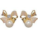 Heart Cubic Zirconia Bow Pearl Stud Earrings Rhinestone Small Beaded Ribbon Knot Pearls Earrings Christmas Fashion Ear Jewelry for Women