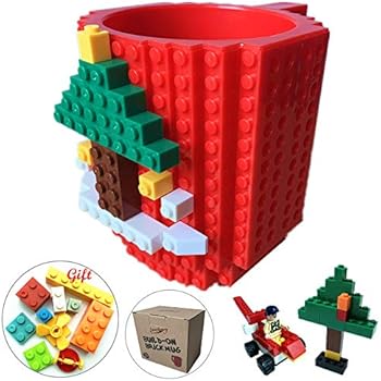 Build-on Brick Coffee Mug, Funny DIY Novelty Cup with Building Blocks Creative Gift for Kids Men Women Xmas Birthday (Red)