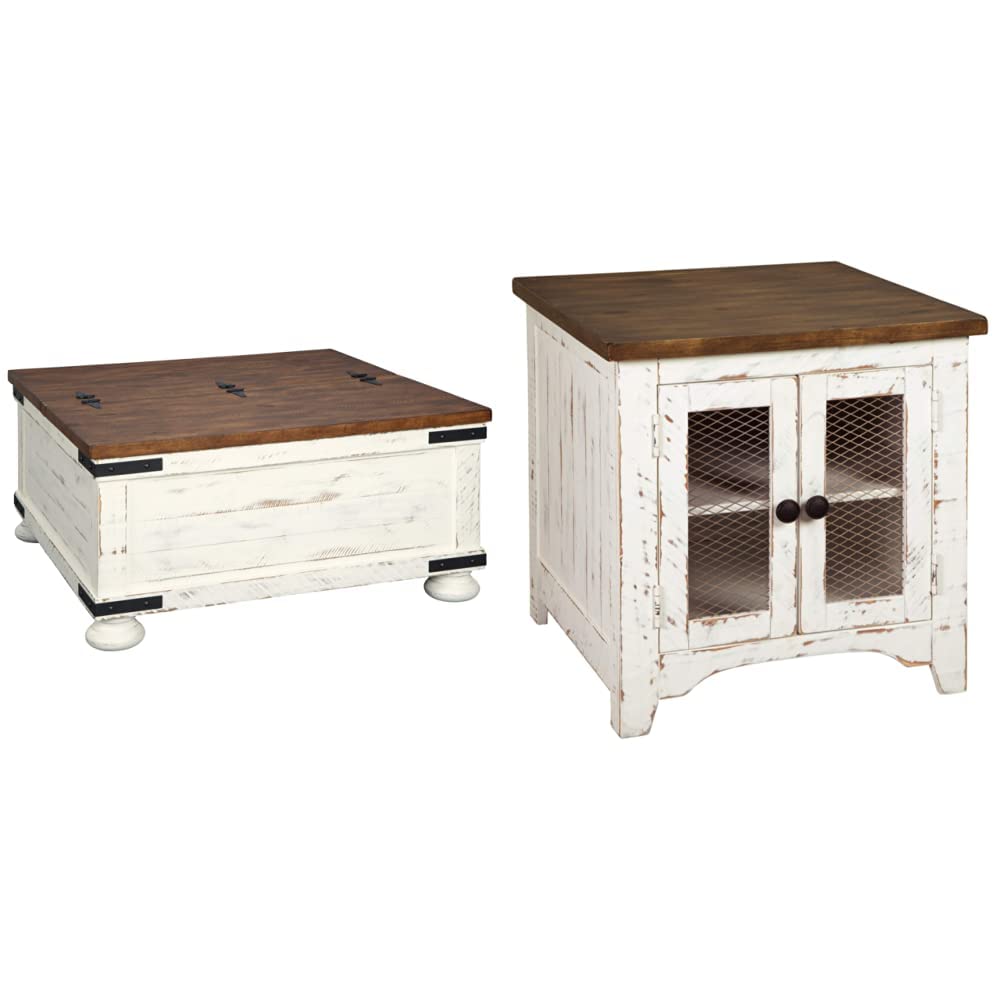Signature Design by Ashley Wystfield Farmhouse Square Storage Coffee Table with Hinged Lift Top, Distressed White and End Table with Storage, Distressed White & Brown Finish Image