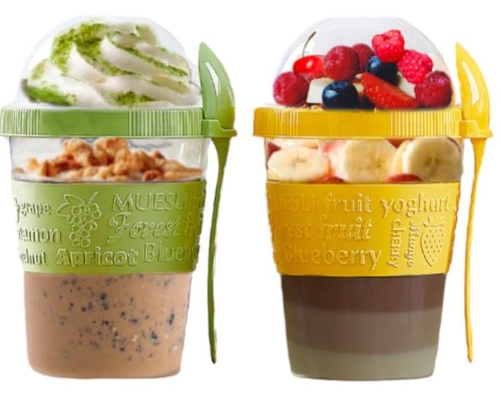 4All Reusable Yogurt Pots 600ml With Spoon & Lid Cereal Containers With Lid Airtight Overnight Oats Jar BPA Free Breakfast Cup Cereal On The Go Dishwasher Safe Set of 2 Green,Yellow
