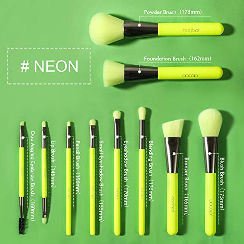 image for Docolor Makeup Brushes 10 Piece Neon Green Makeup Brush Set Premium Sy
